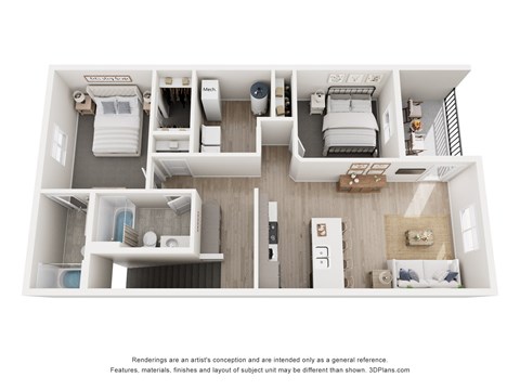 Floor plan for 2 beds, 2 baths, 970 sqft