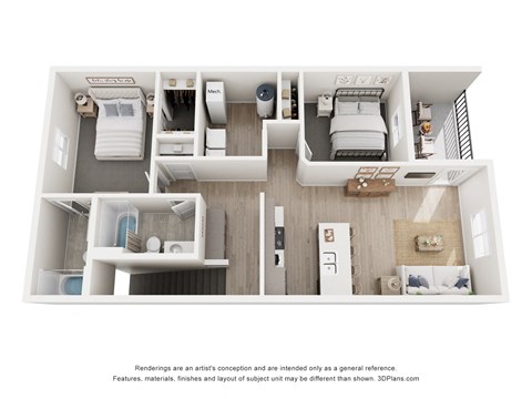 Floor plan for 2 beds, 2 baths, 970 sqft