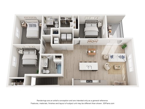 Floor plan for 3 beds, 2 baths, 1219 sqft