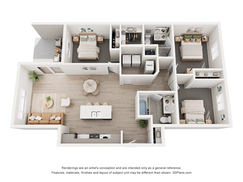 Floor plan for 3 beds, 2 baths, 1219 sqft