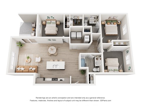 Floor plan for 3 beds, 2 baths, 1125 sqft
