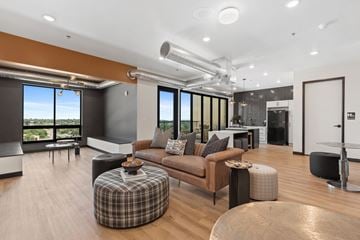 Rapid City apartment for rent - A modern living room with a brown couch and a checkered ottoman.