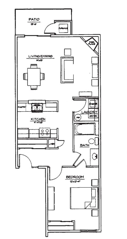 Floor plan for 1 bed, 1 bath, 755 sqft