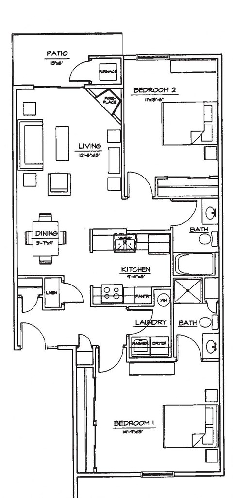 Floor plan for 2 beds, 2 baths, 1018 sqft