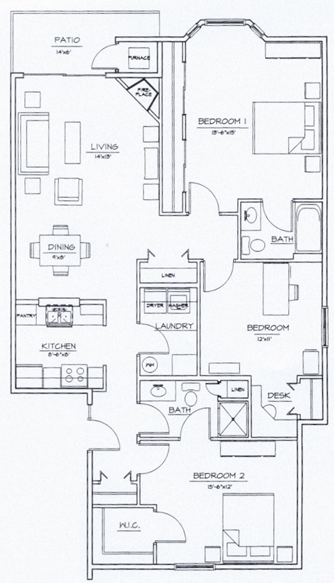 Floor plan for 3 beds, 2 baths, 1318 sqft