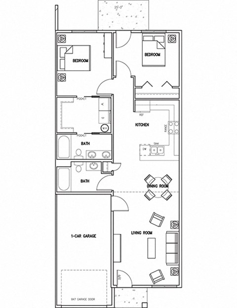 Floor plan for 2 beds, 2 baths, 1100 sqft