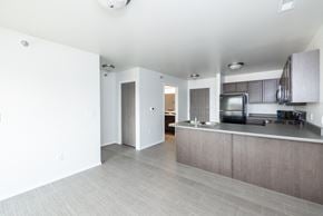Sioux Falls apartment for rent - an empty kitchen and living room with white walls and wood flooring