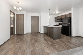 Sioux Falls apartment for rent - A kitchen with a black refrigerator and wooden floors.