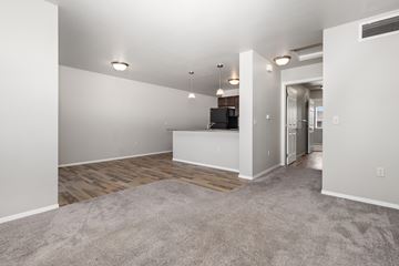 Sioux Falls apartment for rent - A spacious living room with a grey carpet and white walls.