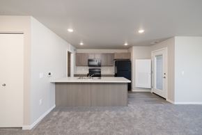Mitchell apartment for rent - A kitchen with a white countertop and a black refrigerator.