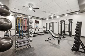 Rapid City apartment for rent - A gym with a variety of equipment including a weight bench, a squat rack, and a rowing machine.
