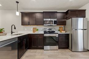 Brandon townhouse for rent - A modern kitchen with dark brown cabinets and stainless steel appliances.