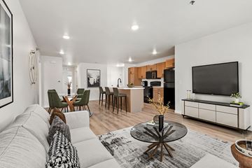 North Sioux City townhouse for rent - A modern living room with a grey sofa and a black and white patterned throw pillow.