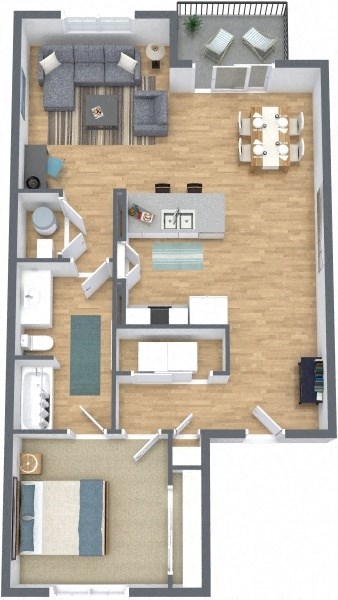 Floor plan for 1 bed, 1 bath, 771 sqft