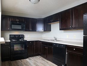 Sioux Falls apartment for rent - an empty kitchen with black appliances and wooden cabinets