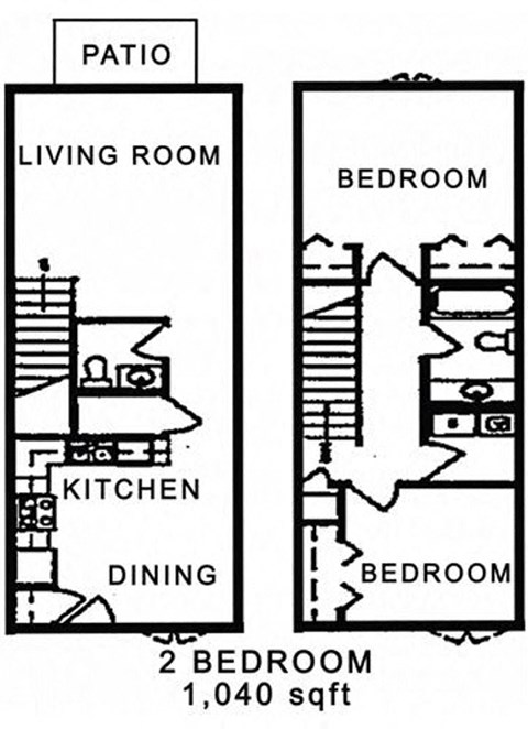 Floor plan for 2 beds, 1.5 baths, 1040 sqft