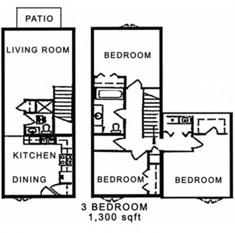 Floor plan for 3 beds, 2 baths, 1300 sqft