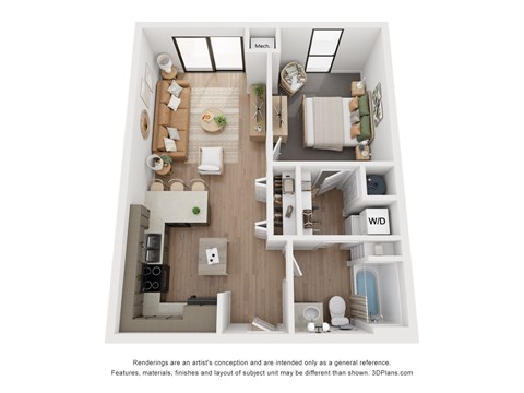 Floor plan for 1 bed, 1 bath, 617 sqft