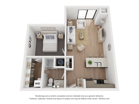 Floor plan for 1 bed, 1 bath, 617 sqft