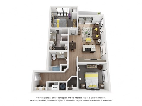 Floor plan for 2 beds, 2 baths, 934 sqft