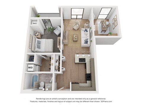 Floor plan for 1 bed, 1 bath, 714 sqft