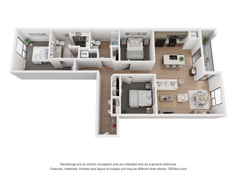 Floor plan for 3 beds, 2 baths, 1186 sqft