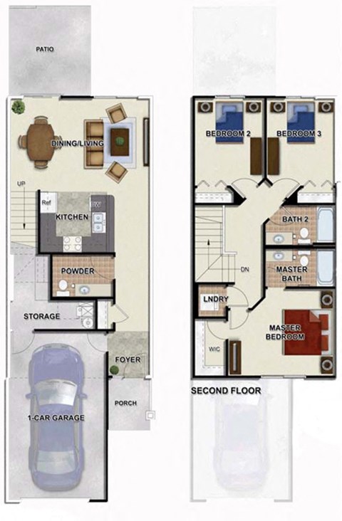Floor plan for 3 beds, 2.5 baths, 1280 sqft