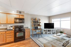 Sioux Falls apartment for rent - a kitchen and living room with wooden cabinets and appliances and a television