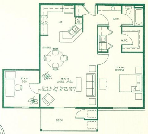Floor plan for 1 bed, 1 bath, 988 sqft