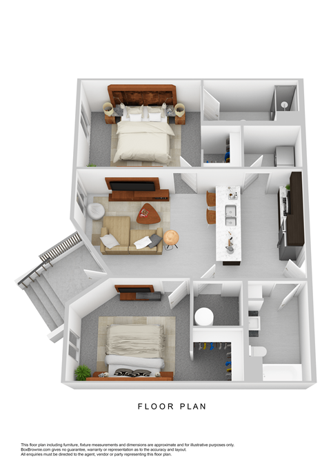 Floor plan for 2 beds, 2 baths, 938 sqft