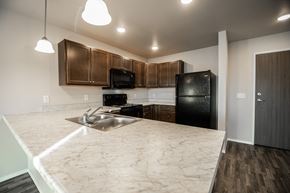 Sioux Falls apartment for rent - a kitchen with a marble counter top and a black refrigerator