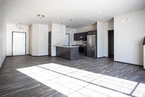 Sioux Falls townhouse for rent - an empty living room with a kitchen with stainless steel appliances
