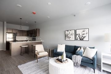Sioux Falls apartment for rent - a living room and kitchen with a blue couch and a table