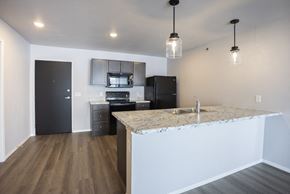 Waukee townhouse for rent - Modern open-concept kitchen and living area with black appliances.