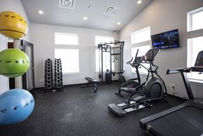 Waukee townhouse for rent - Modern gym with rows of cardio equipment.