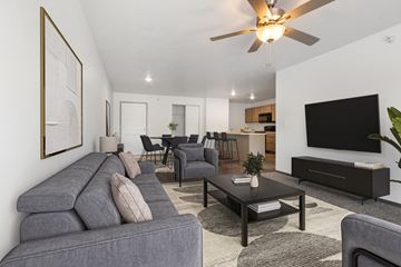 Sioux Falls townhouse for rent - A living room with a grey sofa and a black television.