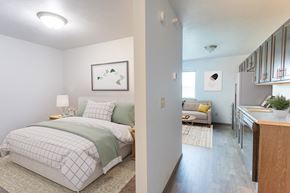 Sioux Falls apartment for rent - a bedroom and a living room with a bed and a kitchen