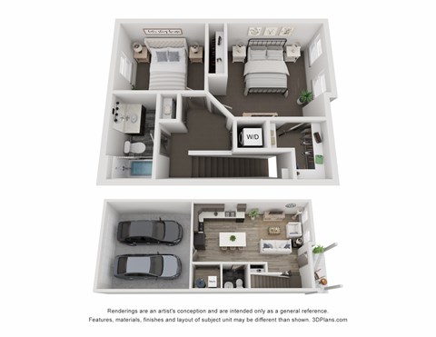 Floor plan for 2 beds, 2 baths, 1050 sqft