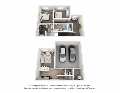 Floor plan for 2 beds, 2.5 baths, 1328 sqft