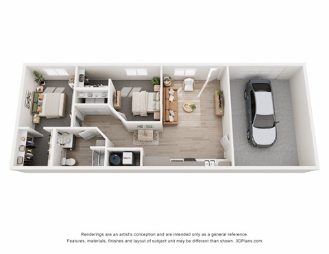 Floor plan for 2 beds, 1 bath, 973 sqft