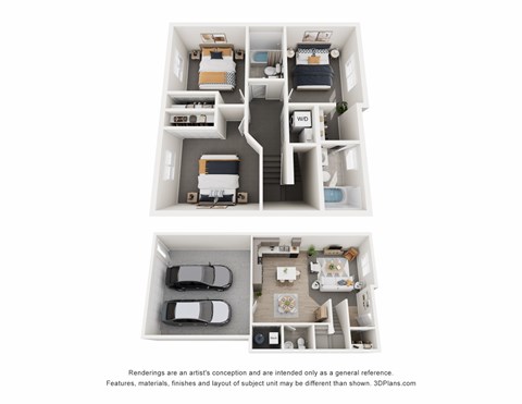 Floor plan for 3 beds, 2.5 baths, 1362 sqft