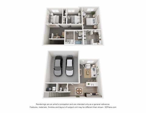 Floor plan for 3 beds, 2.5 baths, 1385 sqft