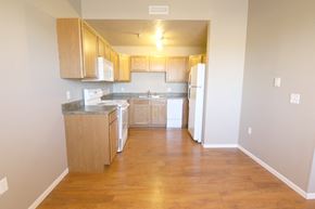 Sioux Falls apartment for rent - an empty kitchen with wood floors and wooden cabinets