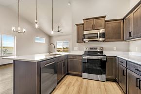 Brandon townhouse for rent - A modern kitchen with dark wood cabinets and stainless steel appliances.