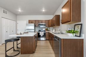 Sioux Falls townhouse for rent - A modern kitchen with wooden cabinets and stainless steel appliances.