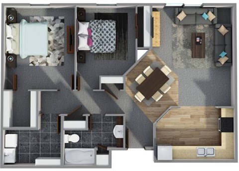 Floor plan for 2 beds, 1 bath, 1003 sqft