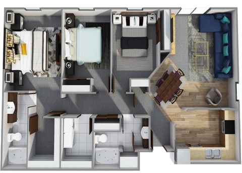Floor plan for 3 beds, 2 baths, 1267 sqft