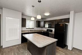 Waukee townhouse for rent - A kitchen with a black refrigerator and a wooden island.