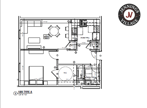 Floor plan for 1 bed, 1 bath
