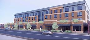 Maple Shade apartment for rent - A modern building with a glass facade and a brick exterior is depicted in the image.